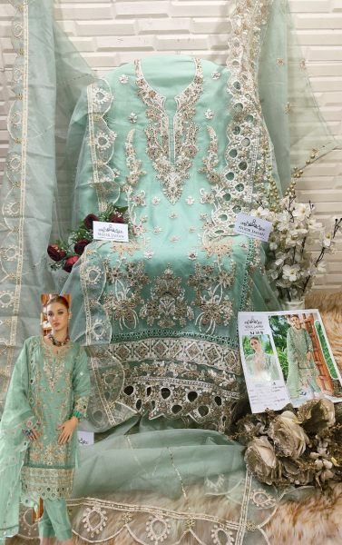 Sea Green Pakistani Organza Salwar Suit with Hand Embroidery Work at Manufacturer Rate Pakistani Suits Wholesale