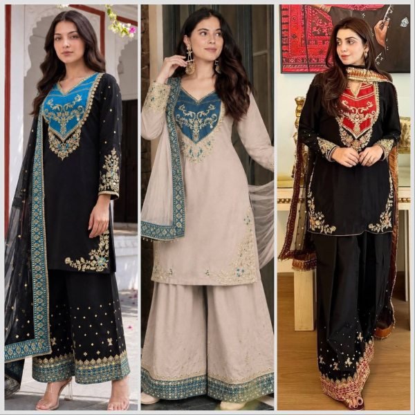 Enchanting Black Designer Pure Maska Cotton Pakistani Suit Set with Embroidered Top and Palazzo Ready To Wear Collection