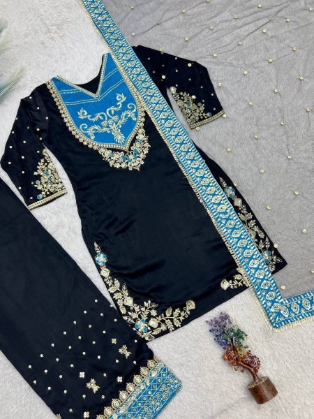 Enchanting Black Designer Pure Maska Cotton Pakistani Suit Set with Embroidered Top and Palazzo Ready To Wear Collection