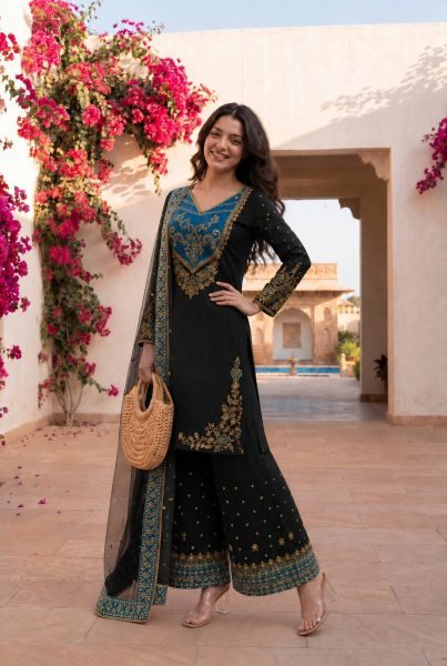 Enchanting Black Designer Pure Maska Cotton Pakistani Suit Set with Embroidered Top and Palazzo Ready To Wear Collection