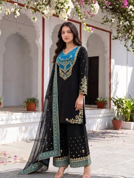 Enchanting Black Designer Pure Maska Cotton Pakistani Suit Set with Embroidered Top and Palazzo Ready To Wear Collection
