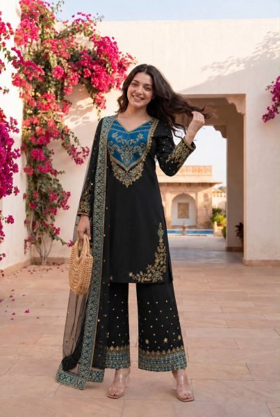 Enchanting Black Designer Pure Maska Cotton Pakistani Suit Set with Embroidered Top and Palazzo Ready To Wear Collection