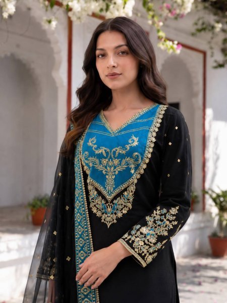 Enchanting Black Designer Pure Maska Cotton Pakistani Suit Set with Embroidered Top and Palazzo Ready To Wear Collection