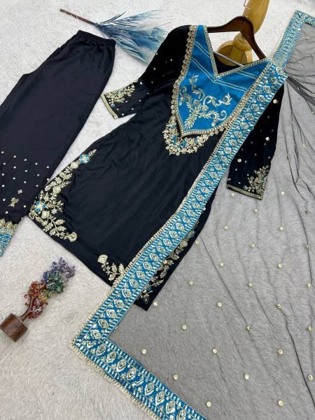 Enchanting Black Designer Pure Maska Cotton Pakistani Suit Set with Embroidered Top and Palazzo Ready To Wear Collection