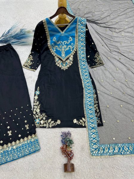 Enchanting Black Designer Pure Maska Cotton Pakistani Suit Set with Embroidered Top and Palazzo Ready To Wear Collection