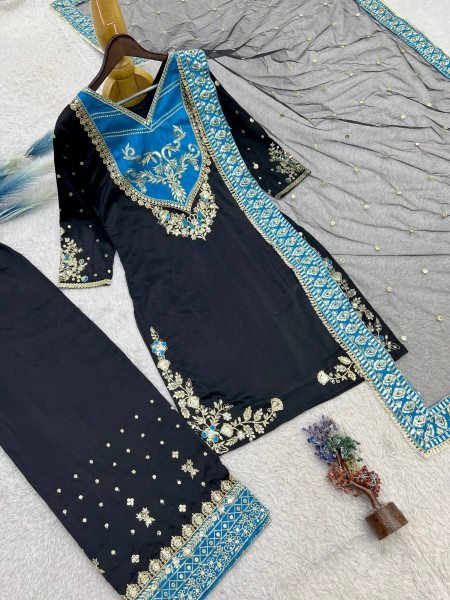 Enchanting Black Designer Pure Maska Cotton Pakistani Suit Set with Embroidered Top and Palazzo Ready To Wear Collection