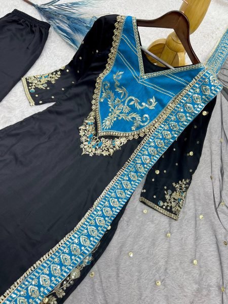 Enchanting Black Designer Pure Maska Cotton Pakistani Suit Set with Embroidered Top and Palazzo Ready To Wear Collection