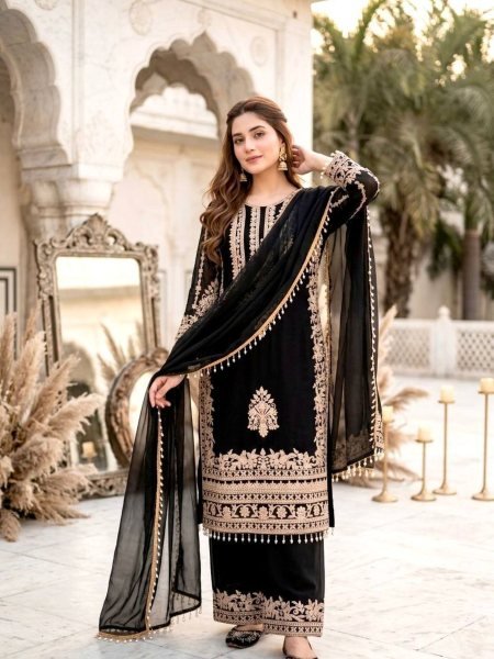 Enchanting Black Georgette Pakistani Style Suit with Dupatta For Wedding Wear Ready To Wear Collection