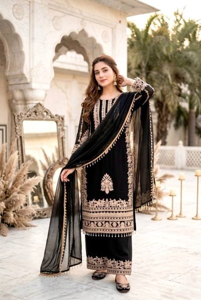 Enchanting Black Georgette Pakistani Style Suit with Dupatta For Wedding Wear Ready To Wear Collection