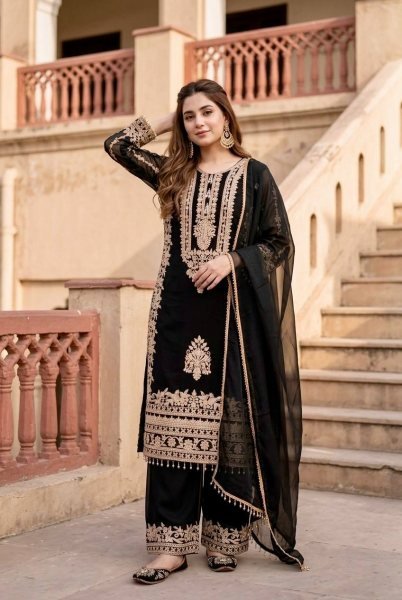 Enchanting Black Georgette Pakistani Style Suit with Dupatta For Wedding Wear Ready To Wear Collection