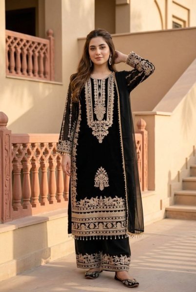 Enchanting Black Georgette Pakistani Style Suit with Dupatta For Wedding Wear Ready To Wear Collection
