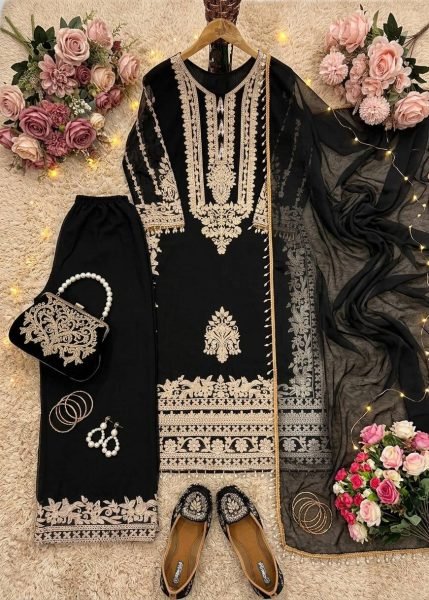 Enchanting Black Georgette Pakistani Style Suit with Dupatta For Wedding Wear Ready To Wear Collection