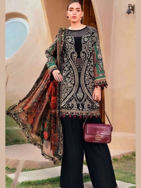 Enchanting Black Pure Cotton Suit Material with Printed and Embroidered Top Salwar Kameez