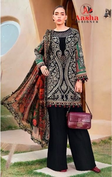 Enchanting Black Pure Cotton Suit Material with Printed and Embroidered Top Pakistani Suits Wholesale