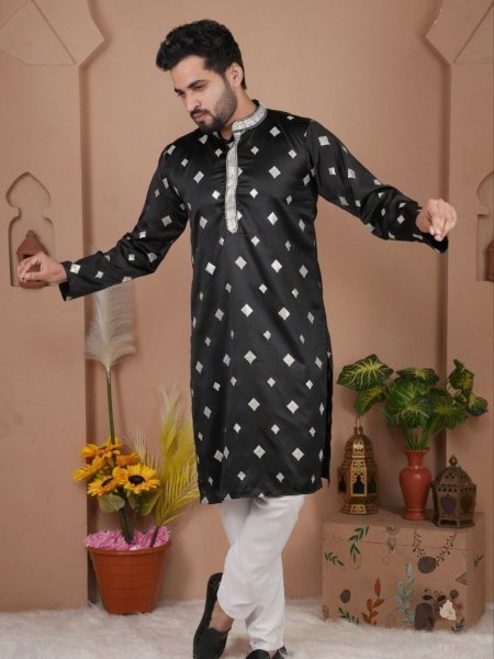 Enchanting Black Silk Kurta Set with Embroidery for Special Occasions at Low Price Mens Wear
