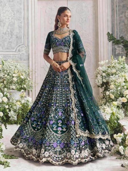 Enchanting Dark Green Mono Satin Silk Lehenga with Can-Can and Canvas Patta 