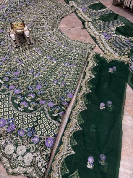 Enchanting Dark Green Mono Satin Silk Lehenga with Can-Can and Canvas Patta Designer Lehenga Choli