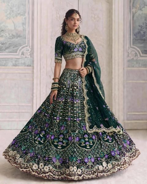 Enchanting Dark Green Mono Satin Silk Lehenga with Can-Can and Canvas Patta Designer Lehenga Choli