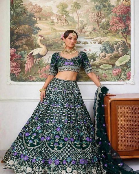 Enchanting Dark Green Mono Satin Silk Lehenga with Can-Can and Canvas Patta Designer Lehenga Choli