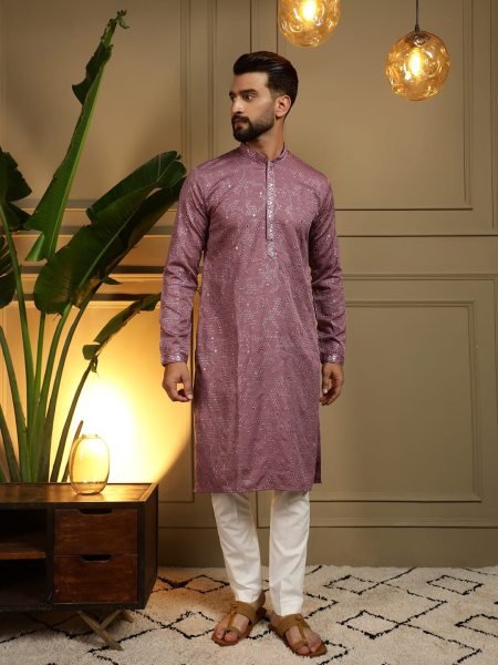 Enchanting Dusty Mauve Heavy Khadi Cotton Kurta Pajama with Embroidery Work for Men Kurta Pajama Wholesale