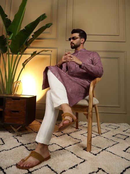 Enchanting Dusty Mauve Heavy Khadi Cotton Kurta Pajama with Embroidery Work for Men Kurta Pajama Wholesale