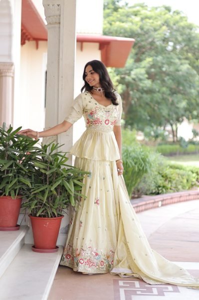 Enchanting Gold Crush Zari Sequin Embroidered Lehenga with Peplum Style Blouse for Reception Wear  Designer Lehenga Choli