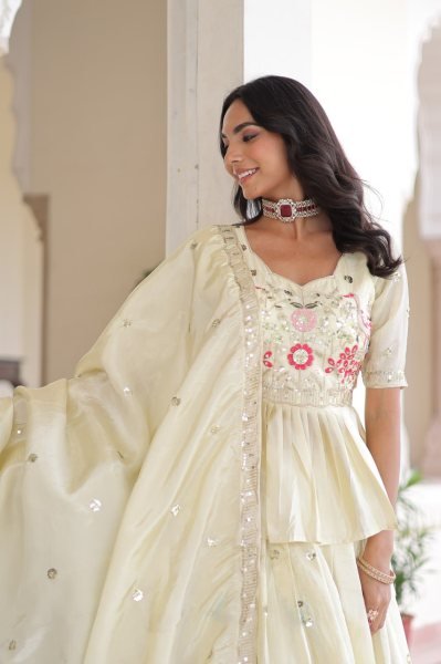 Enchanting Gold Crush Zari Sequin Embroidered Lehenga with Peplum Style Blouse for Reception Wear  Designer Lehenga Choli