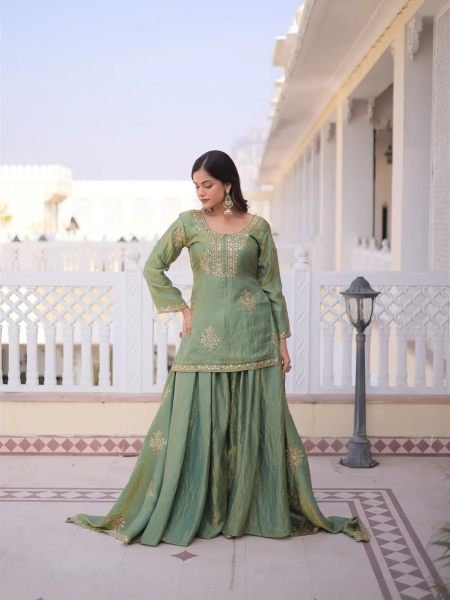 Enchanting Green Fandy Embroidery Work Kurti with Matching Palazzo at Manufacturer  3 Piece Kurti Set