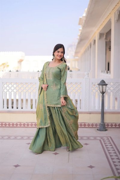 Enchanting Green Fandy Embroidery Work Kurti with Matching Palazzo at Manufacturer  3 Piece Kurti Set