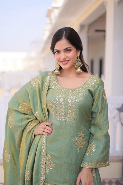 Enchanting Green Fandy Embroidery Work Kurti with Matching Palazzo at Manufacturer  3 Piece Kurti Set