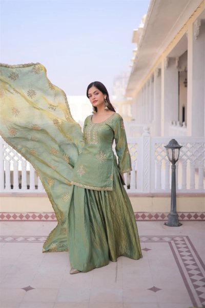 Enchanting Green Fandy Embroidery Work Kurti with Matching Palazzo at Manufacturer  3 Piece Kurti Set