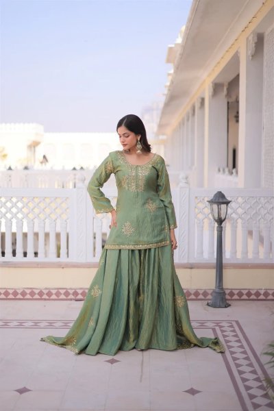 Enchanting Green Fandy Embroidery Work Kurti with Matching Palazzo at Manufacturer  3 Piece Kurti Set