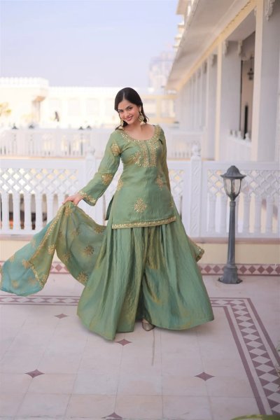 Enchanting Green Fandy Embroidery Work Kurti with Matching Palazzo at Manufacturer  3 Piece Kurti Set