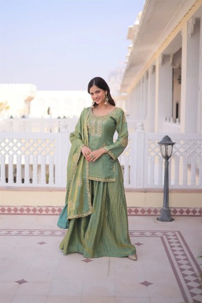 Enchanting Green Fandy Embroidery Work Kurti with Matching Palazzo at Manufacturer  3 Piece Kurti Set