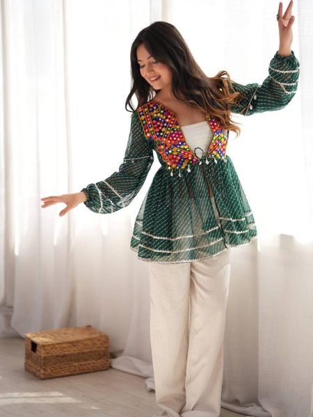 Enchanting Green Kutchi Gamthi Embroidered Rayon Gown with Real Mirror Work For Navrati Kurtis