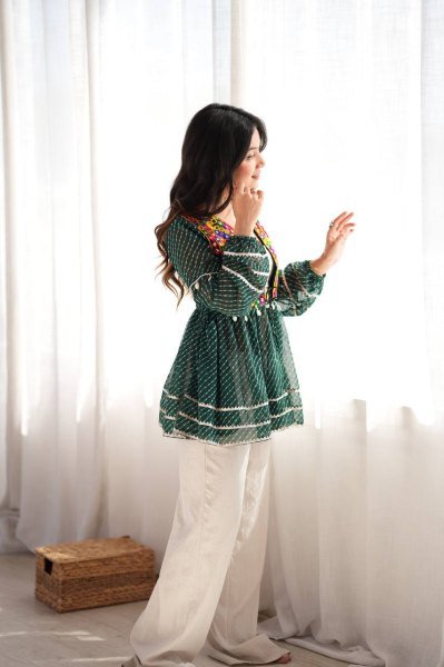 Enchanting Green Kutchi Gamthi Embroidered Rayon Gown with Real Mirror Work For Navrati Tunics kurti