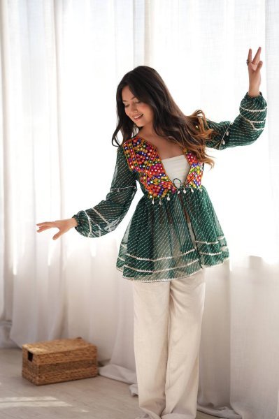 Enchanting Green Kutchi Gamthi Embroidered Rayon Gown with Real Mirror Work For Navrati Tunics kurti