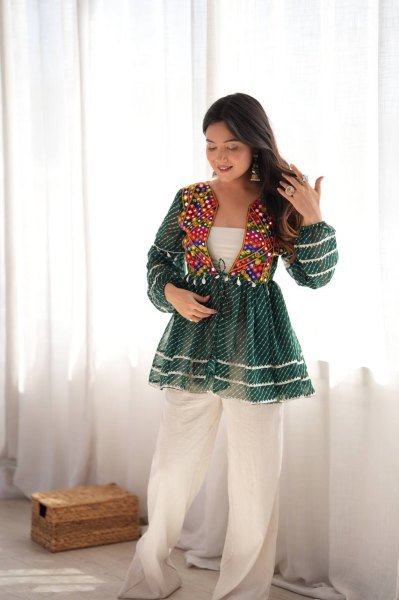 Enchanting Green Kutchi Gamthi Embroidered Rayon Gown with Real Mirror Work For Navrati Tunics kurti