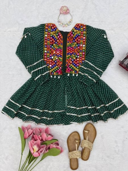 Enchanting Green Kutchi Gamthi Embroidered Rayon Gown with Real Mirror Work For Navrati Tunics kurti