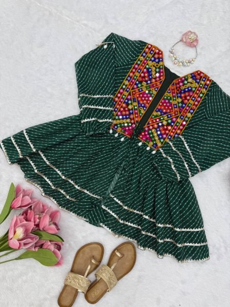 Enchanting Green Kutchi Gamthi Embroidered Rayon Gown with Real Mirror Work For Navrati Tunics kurti