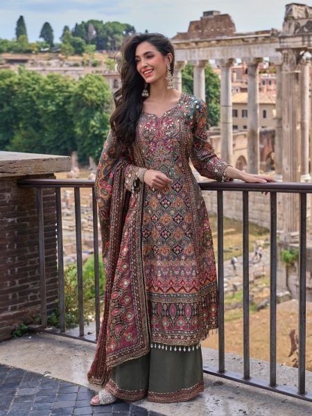 Enchanting Green Natural Crepe Silk Printed Top Palazzo Dupatta Set at Wholesale Rate Salwar Kameez