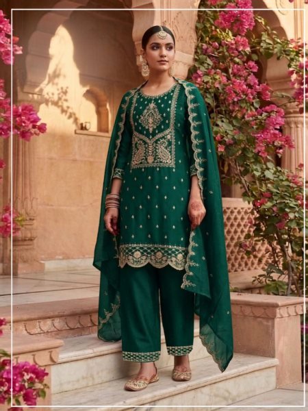 Enchanting Green Rangoli Crush Salwar Suit with Sequins Embroidery and Rangoli Dupatta