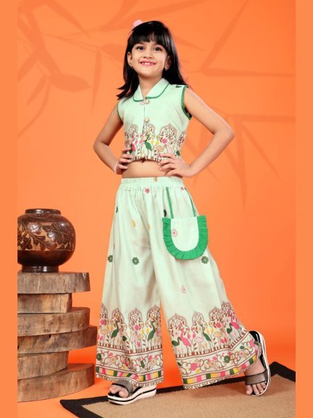 Enchanting Green Rayon Printed Co Ord Set for Girls Casual Wear Girls Wear