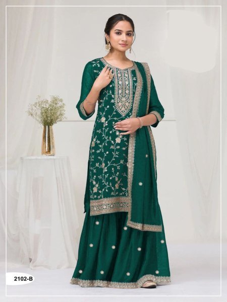 Enchanting Green Vichitra Silk Embroidery Suit with Plazzo and Dupatta for Reseller at Manufacturer Rate