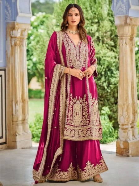 Enchanting Hot Pink Heavy Chinon Silk Top Palazzo Set with Heavy Embroidery Work Designer Plazzo Salwar Suits Wholesale