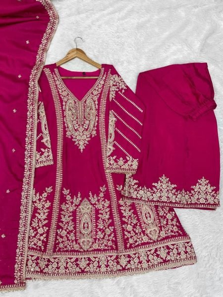 Enchanting Hot Pink Heavy Chinon Silk Top Palazzo Set with Heavy Embroidery Work Designer Plazzo Salwar Suits Wholesale