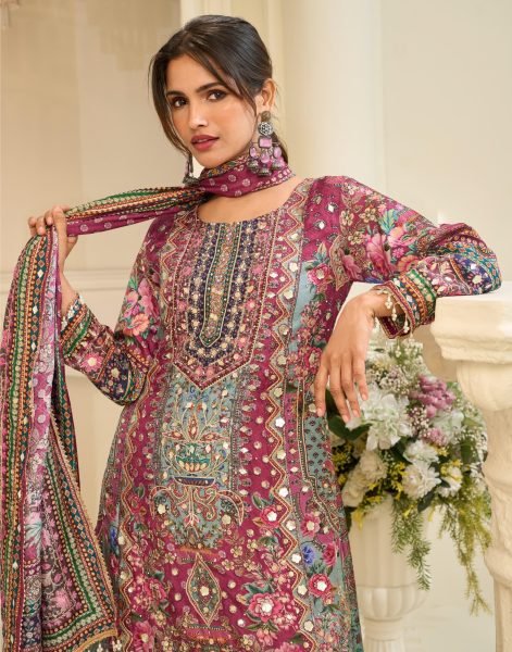 Enchanting Magenta Designer Natural Crepe Silk 3 Piece Suit Set with Hand Aari Embroidery Designer Plazzo Salwar Suits Wholesale