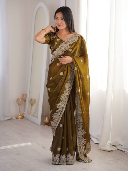 Enchanting Mahendi Fendy Crush Saree with Zari Embroidery and Hotfix Work For Wedding Sarees 