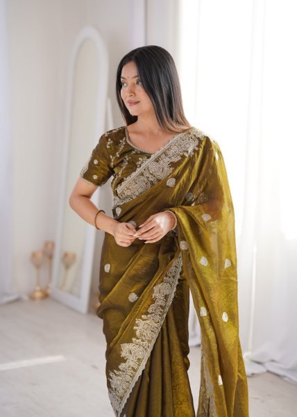 Enchanting Mahendi Fendy Crush Saree with Zari Embroidery and Hotfix Work For Wedding Embroidery Sarees Wholesale