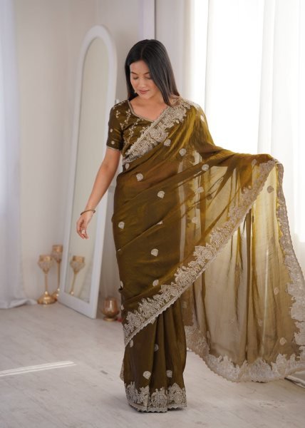 Enchanting Mahendi Fendy Crush Saree with Zari Embroidery and Hotfix Work For Wedding Embroidery Sarees Wholesale